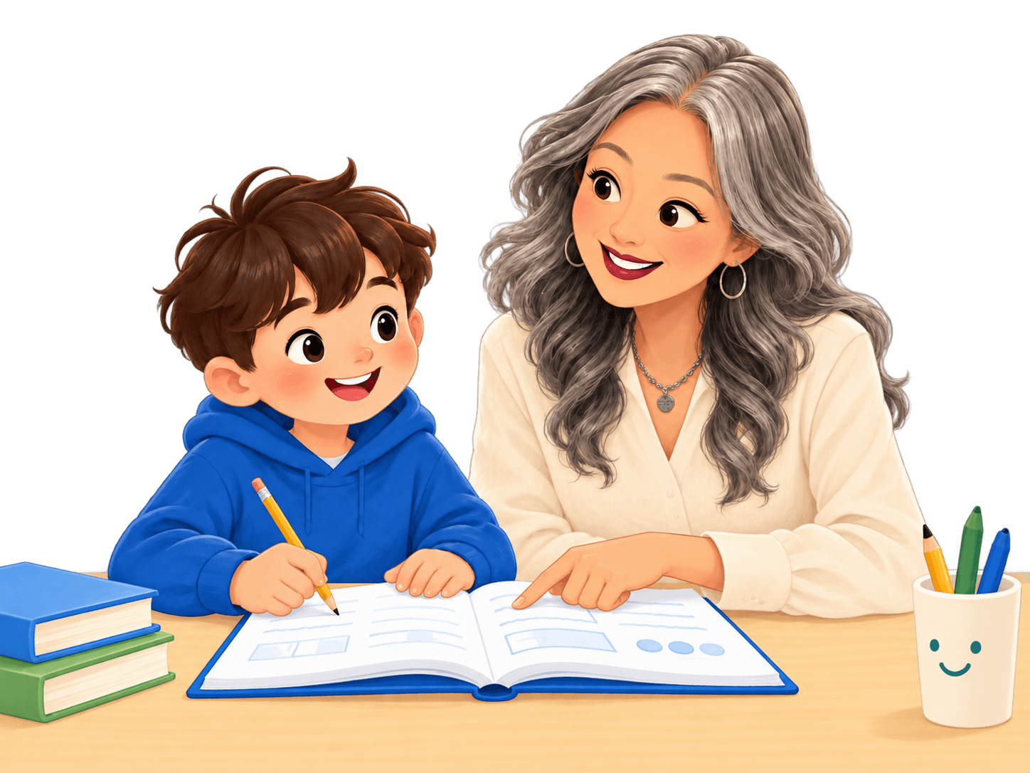 A tutor sitting beside a young boy, pointing to his workbook as he writes.