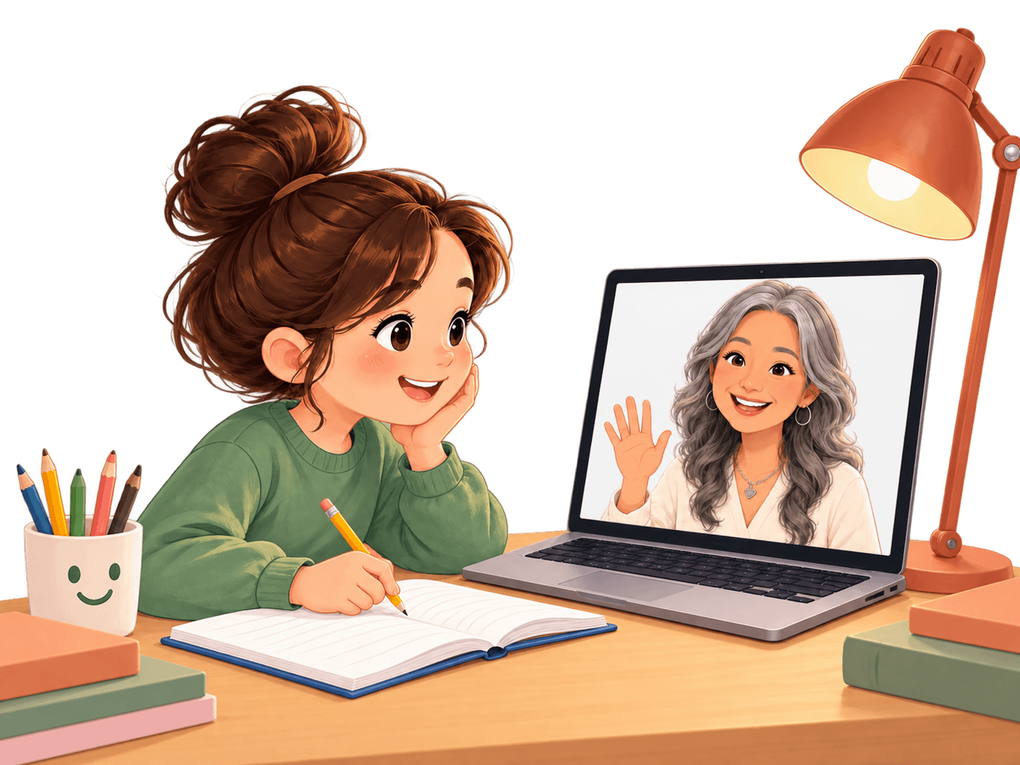 A girl at her desk smiling at her tutor, who waves from a laptop video call.