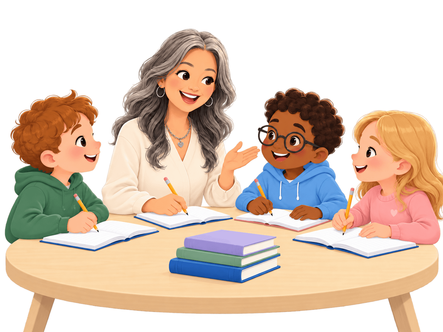 A tutor leading three children around a round table, each writing in a notebook.